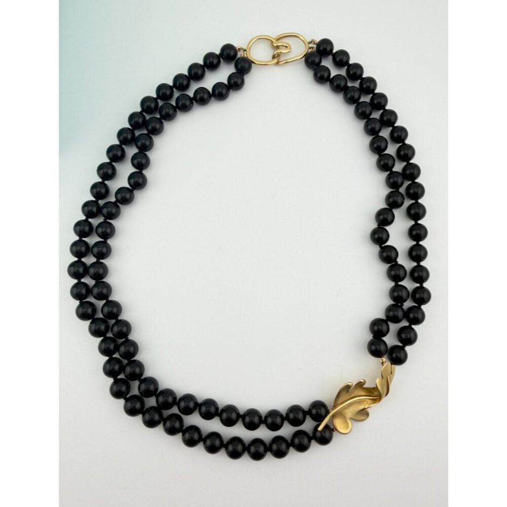 Vtg. Tiffany & Co. Double Strand Onyx necklace with Leaf Motif 18k Yellow Gold